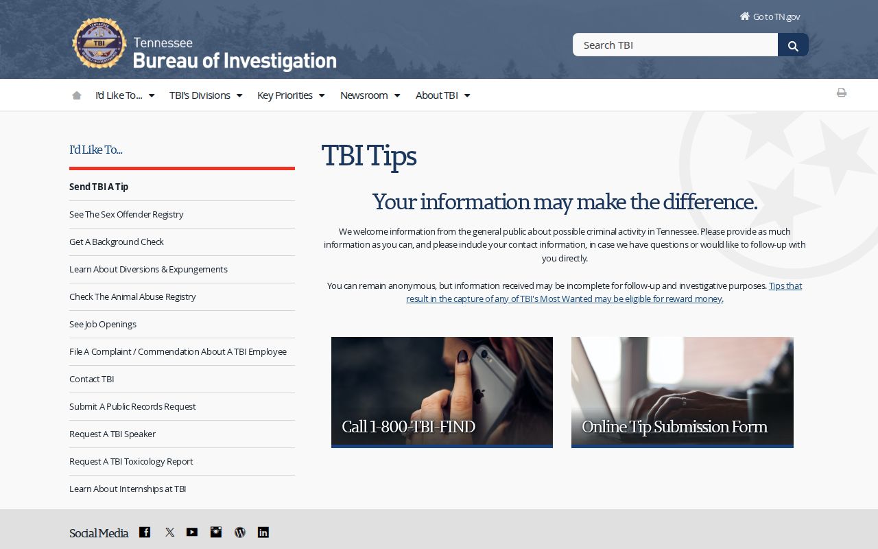 Johnson County warrant tip guidance from Tennessee TBI's anonymous tip page