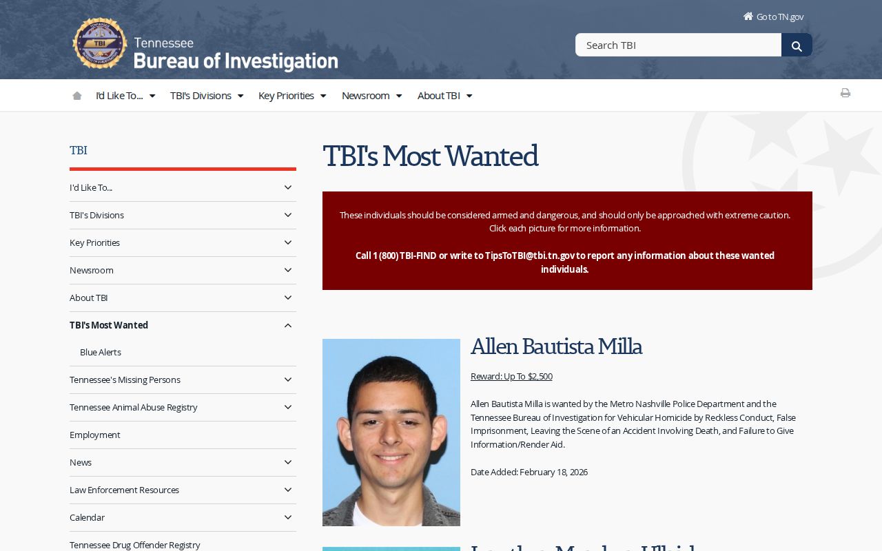 Johnson County most-wanted information pointing to the official TBI program